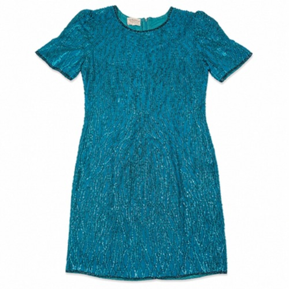Vintage Stenay Dress Womens P12 Blue Silk Beaded Sequin Sheath Short Cocktail